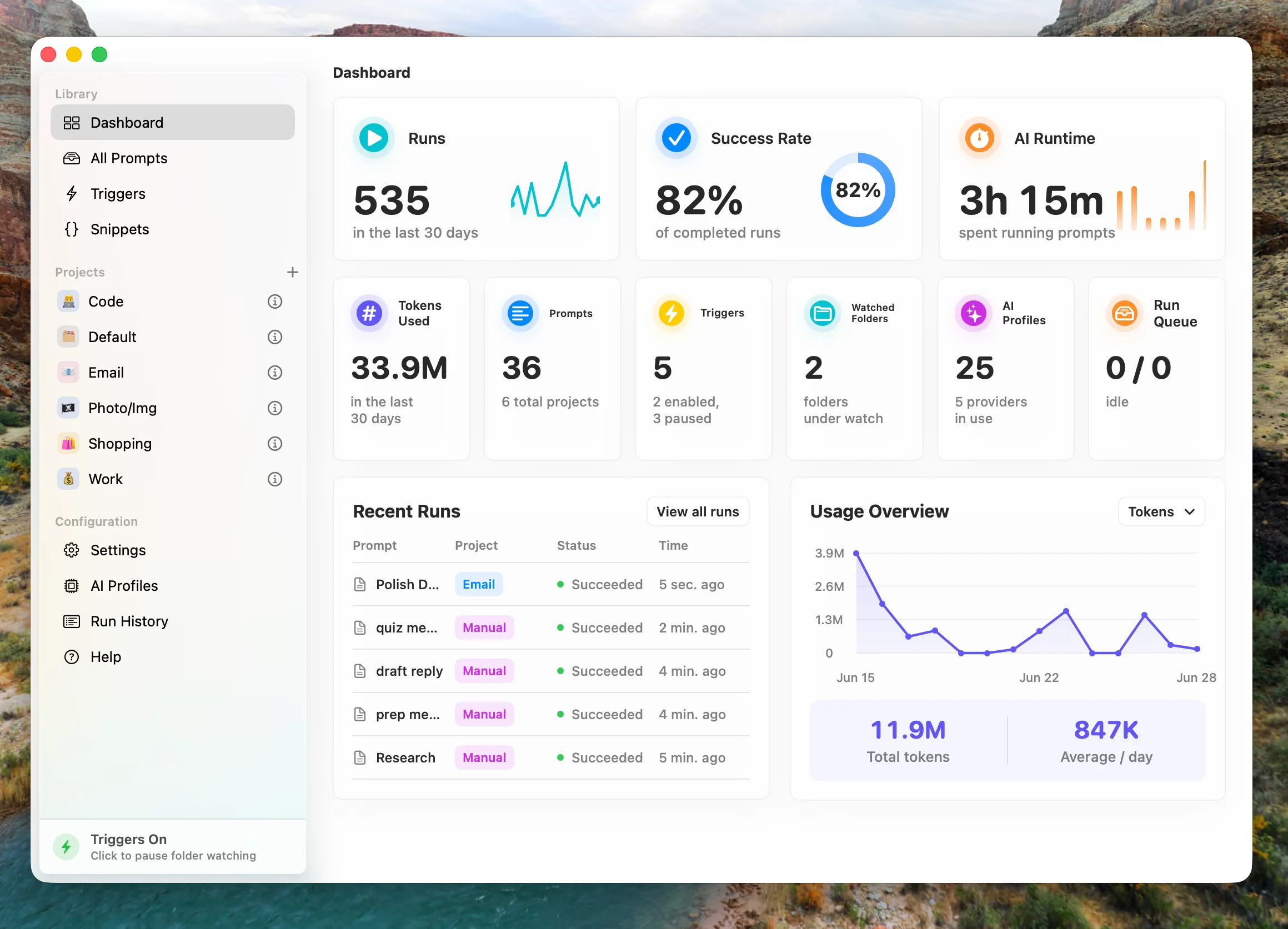 Ottyr dashboard showing runs, success rate, AI runtime, and usage