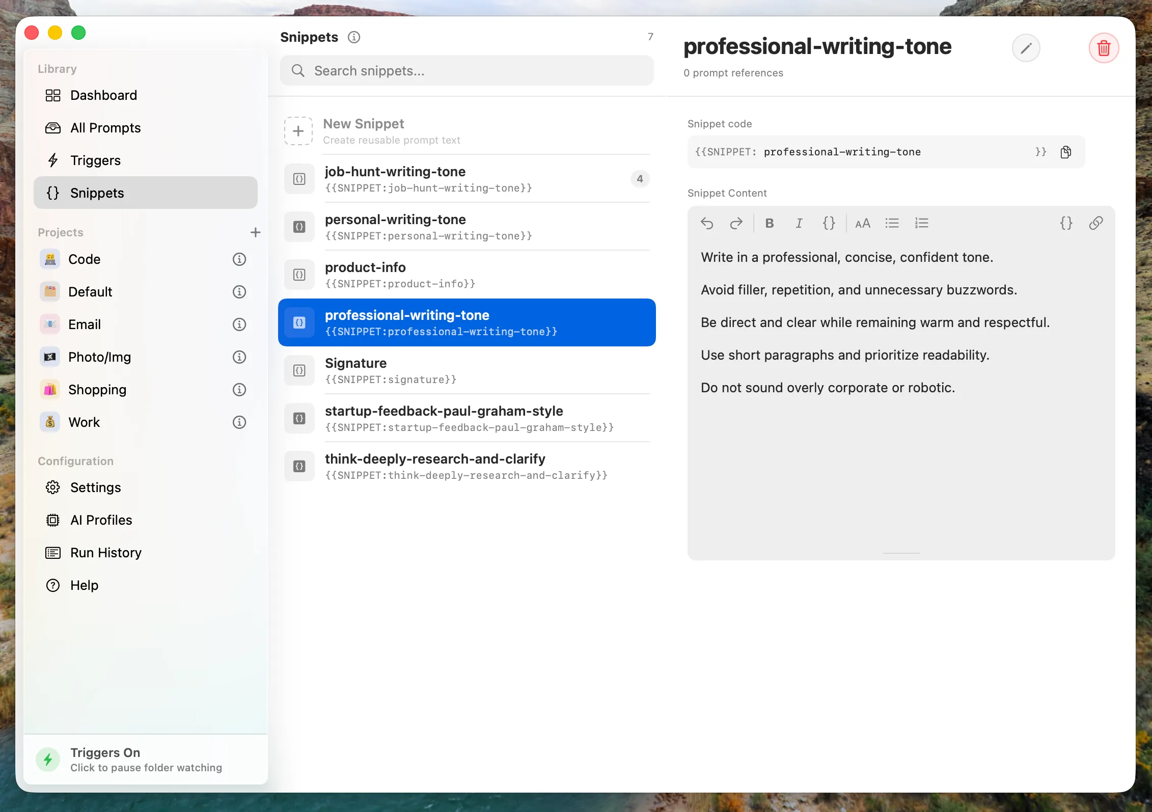 Snippets screen in the Ottyr app