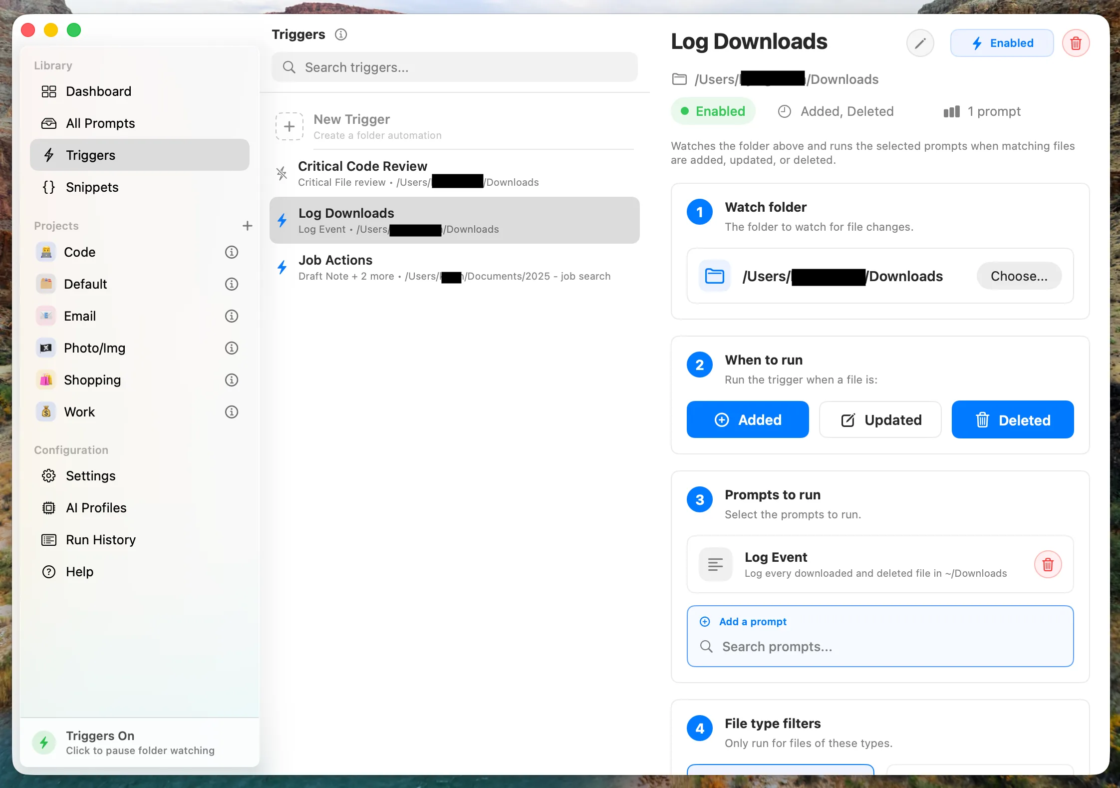 Triggers screen in the Ottyr app